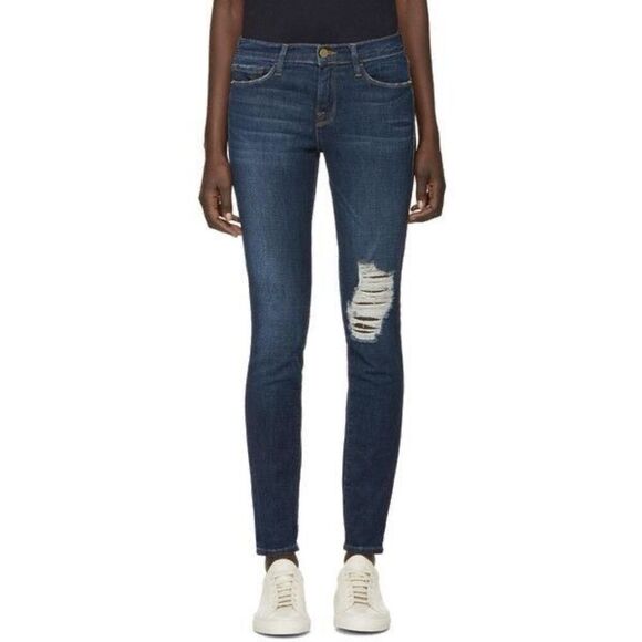 FRAME Denim Le Skinny De Jeanne Distressed Jeans in Indigo Size 27 - Picture 4 of 4